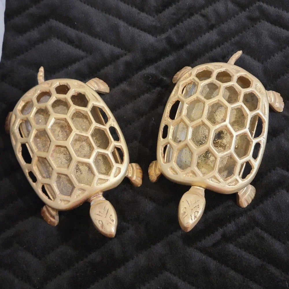 Vintage Brass Turtle Trinket Box Set (2pc) Honeycomb Lattice Shell Potpourri Fun